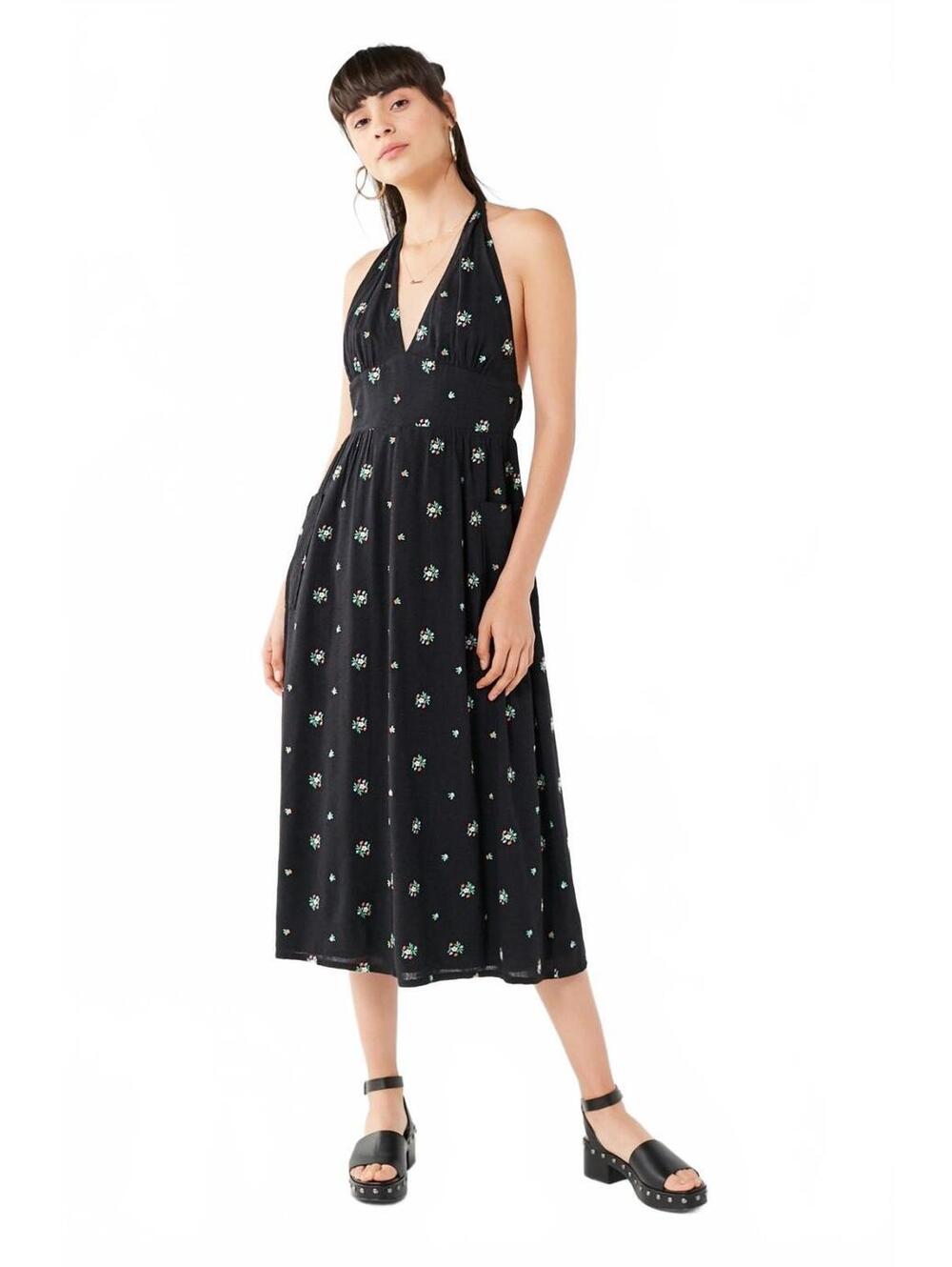 Urban Outfitters Betsey Floral Embroidered Cottagecore Halter Midi Dress Small